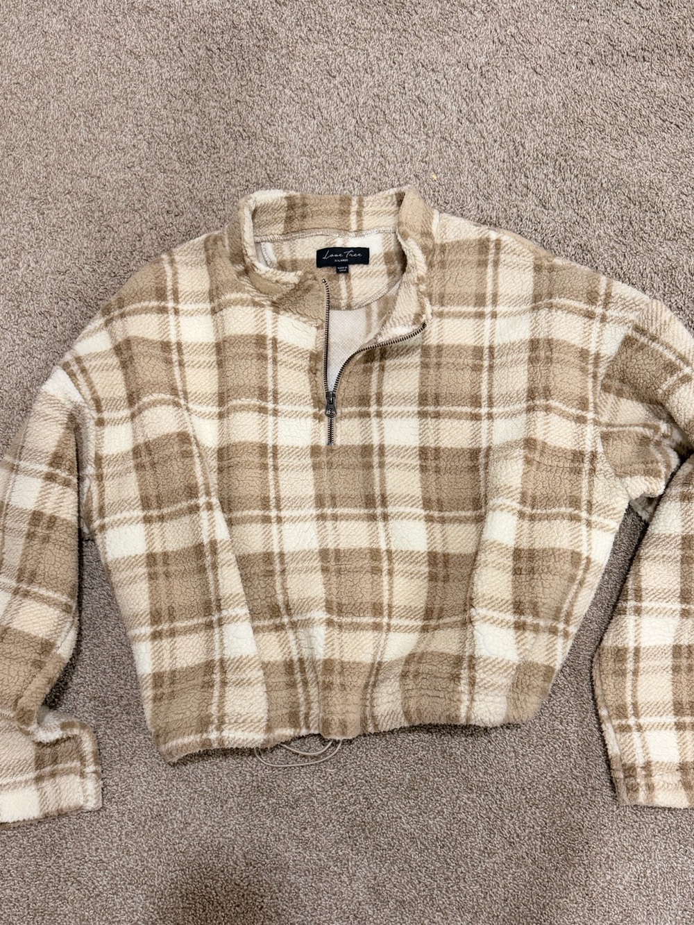 Love Tree Cream & Beige Plaid Cowl Half-Zip Sherpa Pullover